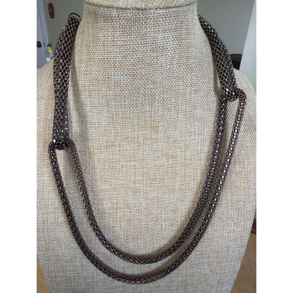 Gunmetal Mesh Double Strand Knotted Layered Statement Necklace Bronze Tone